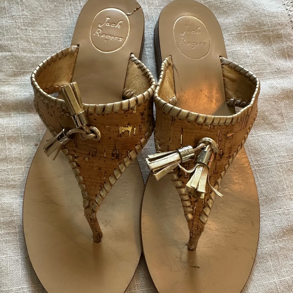 Jack Rogers Tan Leather Sandals with Tassel Details